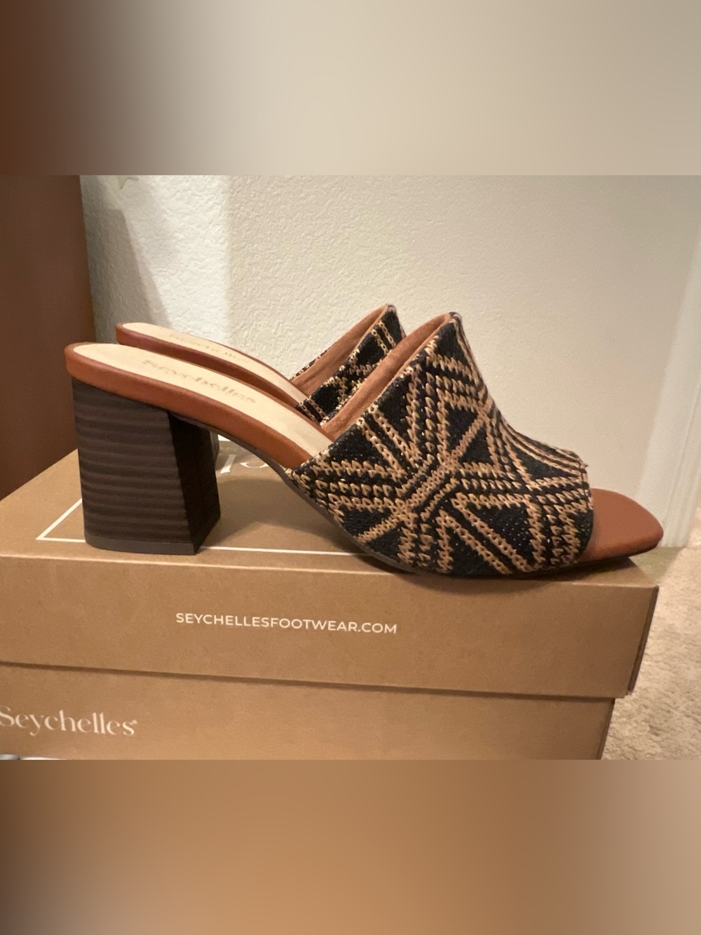 Seychelles Black & Tan Woven Block Heel Mules